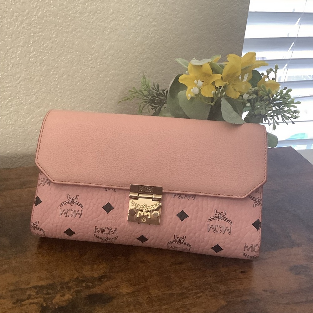 MCM Pink Logo Leather Clutch with Gold-Tone Push Lock
